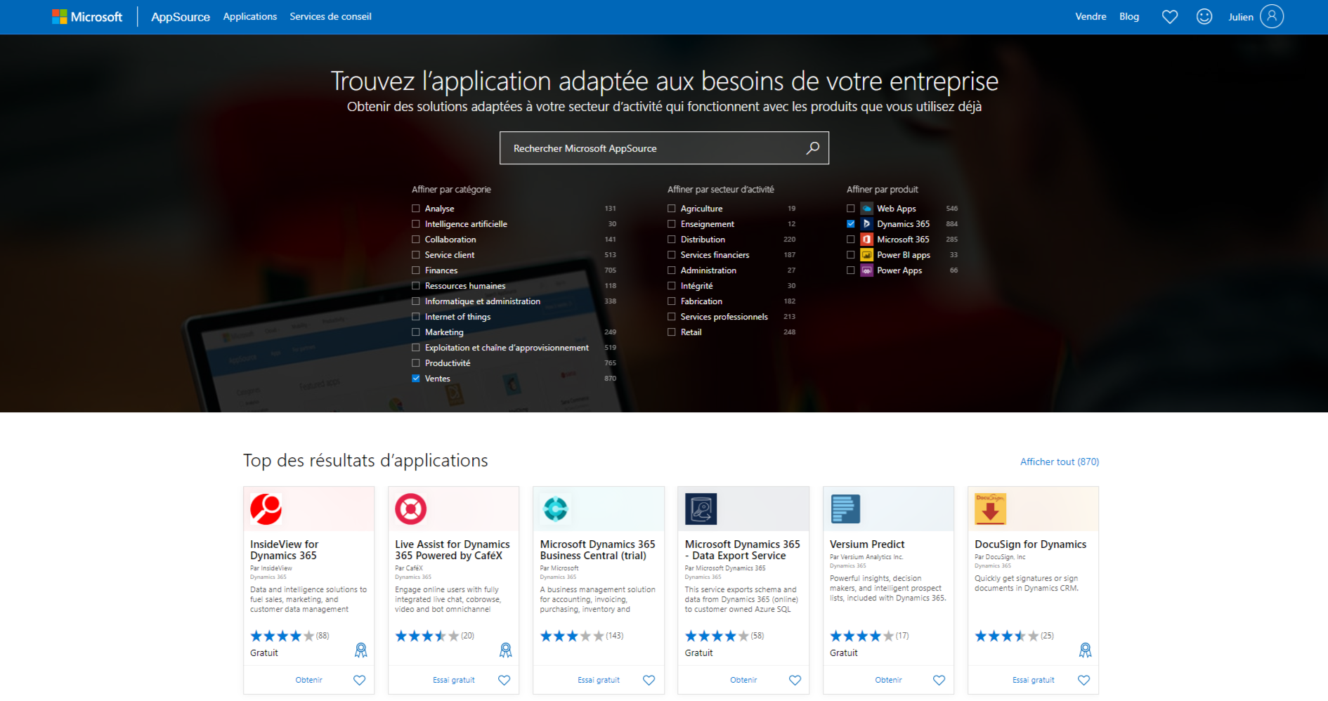 Appsource Microsoft pour Dynamics 365 Sales